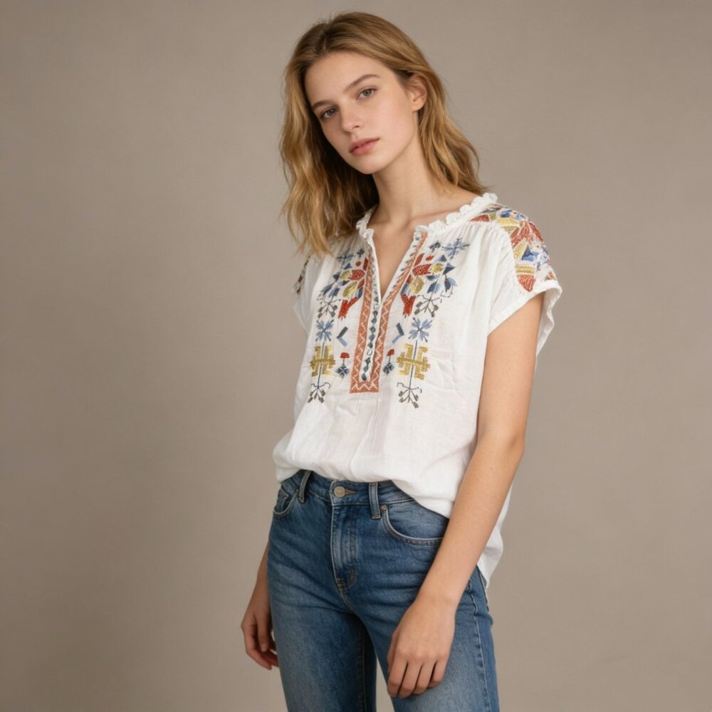 NWOT Johnny Was Biya Embroidered Cotton Floral Tunic Blouse Top Shirt Size S